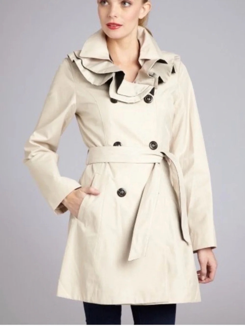 Betsy Johnson L Ruffle Collar Trench Coat Fall Modern Retro Whimsical Girlhood